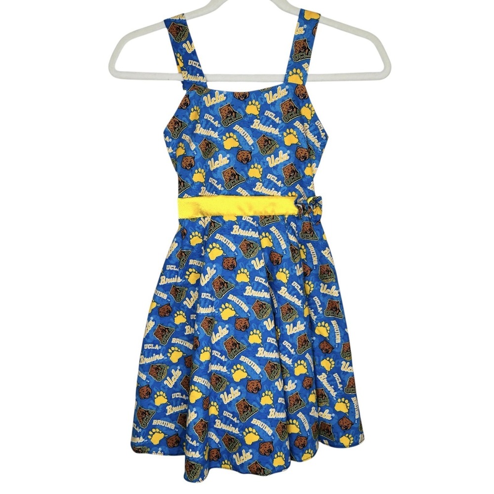 Vintage UCLA Bruins Bears Logo Girls Sun Dress Small 6 Bow Tie AOP Fan USA